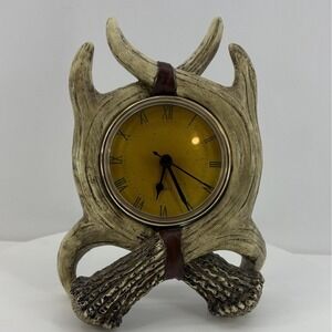 Vintage Faux Deer Antlers Quartz Desk Clock Hunting Den Office Man Cave Outdoors
